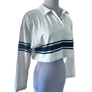 NWOT Zara Rugby Stripe Cream & Black Long Sleeve Cropped Collared Tee Size L